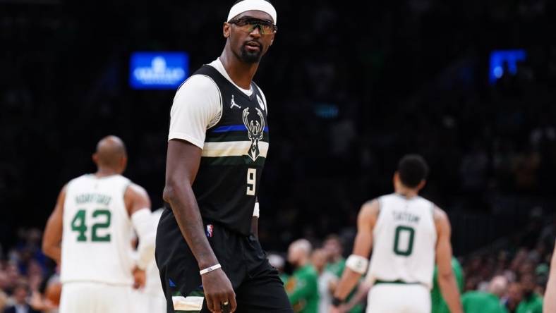 May 11, 2022; Boston, Massachusetts, USA; Milwaukee Bucks center Bobby Portis (9) reacts to the crowd as they take on the Boston Celtics in the second half during game five of the second round for the 2022 NBA playoffs at TD Garden. Mandatory Credit: David Butler II-USA TODAY Sports