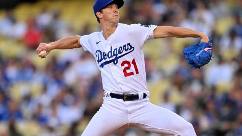 May 13, 2022; Los Angeles, California, USA;  Los Angeles Dodgers starting pitcher Walker Buehler (21) pitches in the second inning against the Philadelphia Phillies at Dodger Stadium. Mandatory Credit: Jayne Kamin-Oncea-USA TODAY Sports