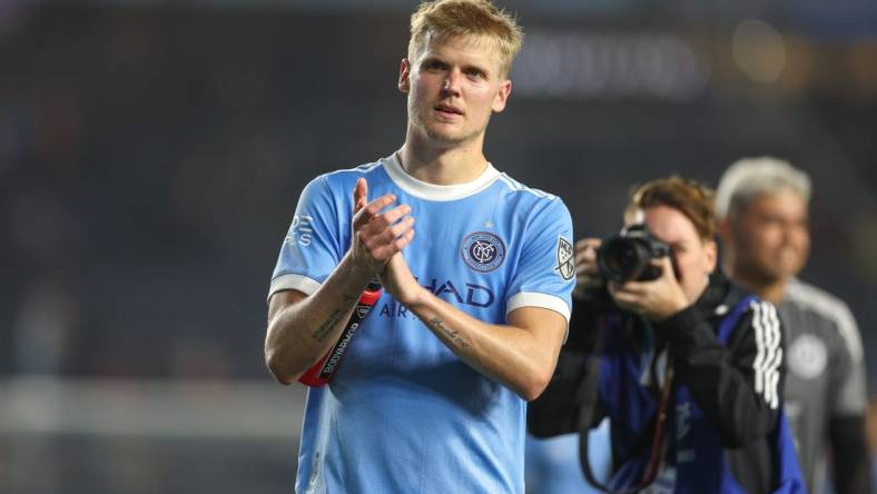 May 14, 2022; New York, New York, USA; New York City FC midfielder Keaton Parks (55) gestures to fans after the game against the Columbus Crew at Yankee Stadium. Mandatory Credit: Vincent Carchietta-USA TODAY Sports