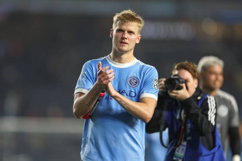 May 14, 2022; New York, New York, USA; New York City FC midfielder Keaton Parks (55) gestures to fans after the game against the Columbus Crew at Yankee Stadium. Mandatory Credit: Vincent Carchietta-USA TODAY Sports