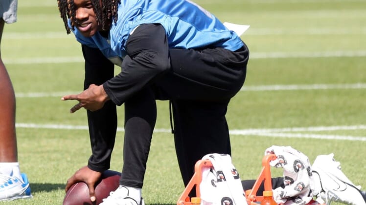 First-round pick Jameson Williams watches drills during Detroit Lions rookie minicamp Saturday, May 14, 2022 at the Allen Park practice facility.Lionsrr Rook