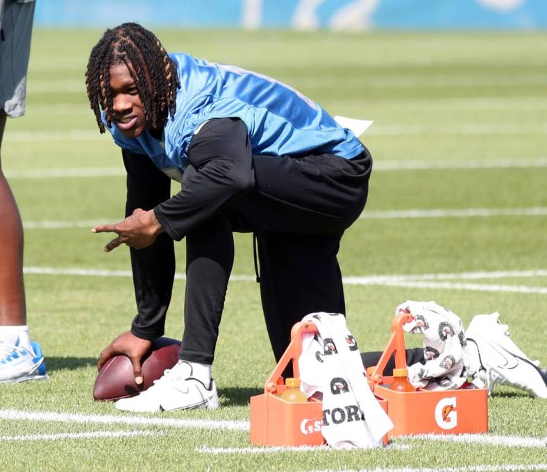 First-round pick Jameson Williams watches drills during Detroit Lions rookie minicamp Saturday, May 14, 2022 at the Allen Park practice facility.

Lionsrr Rook
