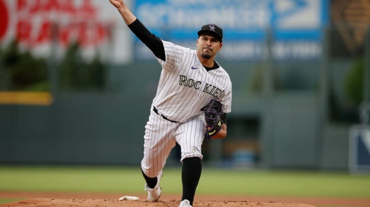 May 16, 2022; Denver, Colorado, USA; Colorado Rockies starting pitcher Antonio Senzatela (49) pitches in the first inning against the San Francisco Giants at Coors Field. Mandatory Credit: Isaiah J. Downing-USA TODAY Sports