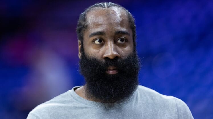 May 12, 2022; Philadelphia, Pennsylvania, USA; Philadelphia 76ers guard James Harden before action against the Miami Heat in game six of the second round of the 2022 NBA playoffs at Wells Fargo Center. Mandatory Credit: Bill Streicher-USA TODAY Sports
