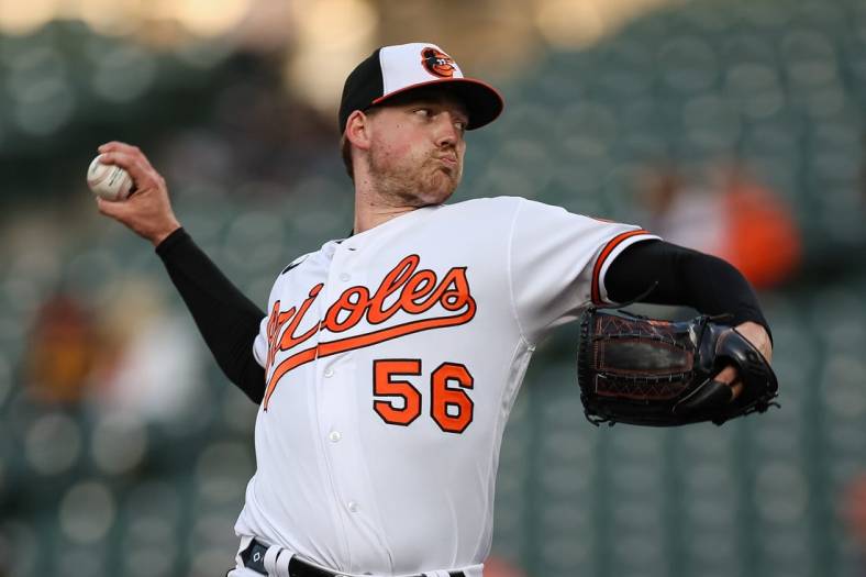 May 4, 2022; Baltimore, Maryland, USA; Baltimore Orioles starting pitcher Kyle Bradish (56) pitches against the Minnesota Twins during the first inning at Oriole Park at Camden Yards. Mandatory Credit: Scott Taetsch-USA TODAY Sports