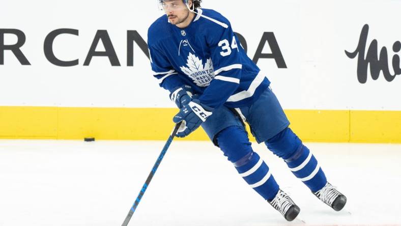 May 10, 2022; Toronto, Ontario, CAN; Toronto Maple Leafs center Auston Matthews (34) skates during the warmup of game five of the first round of the 2022 Stanley Cup Playoffs against the Tampa Bay Lightning at Scotiabank Arena. Mandatory Credit: Nick Turchiaro-USA TODAY Sports