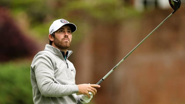 May 8, 2022; Potomac, Maryland, USA; Matthew Wolff plays his shot from the seventh tee during the final round of the Wells Fargo Championship golf tournament. Mandatory Credit: Scott Taetsch-USA TODAY Sports