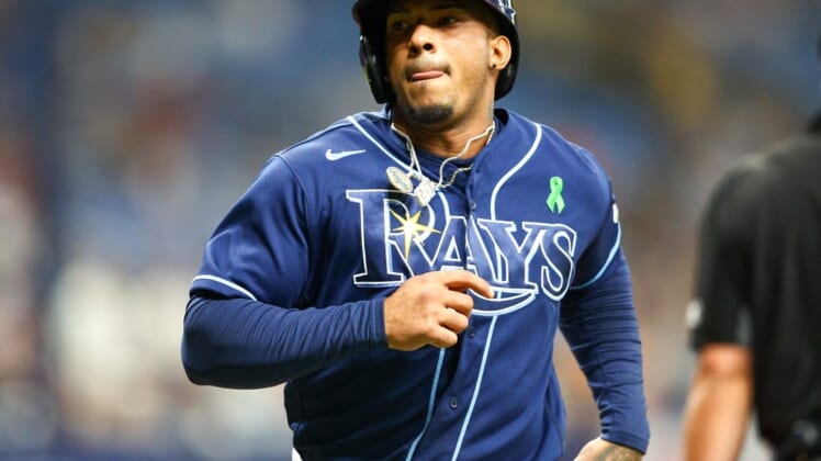 May 17, 2022; St. Petersburg, Florida, USA;  Tampa Bay Rays shortstop Wander Franco (5) scores a run against the Detroit Tigers in the fifth inning at Tropicana Field. Mandatory Credit: Nathan Ray Seebeck-USA TODAY Sports