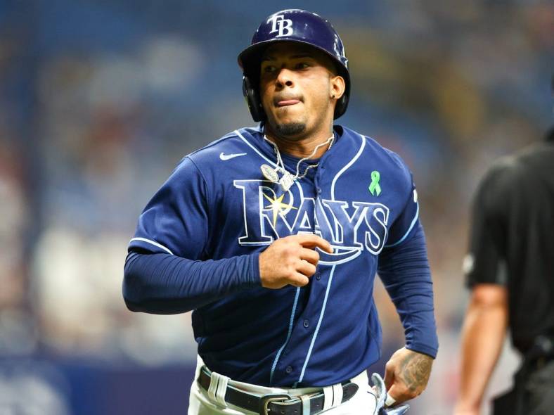 May 17, 2022; St. Petersburg, Florida, USA;  Tampa Bay Rays shortstop Wander Franco (5) scores a run against the Detroit Tigers in the fifth inning at Tropicana Field. Mandatory Credit: Nathan Ray Seebeck-USA TODAY Sports