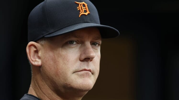 May 18, 2022; St. Petersburg, Florida, USA;  Detroit Tigers manager A.J. Hinch (14) looks on during the first inning against the Tampa Bay Rays at Tropicana Field. Mandatory Credit: Kim Klement-USA TODAY Sports
