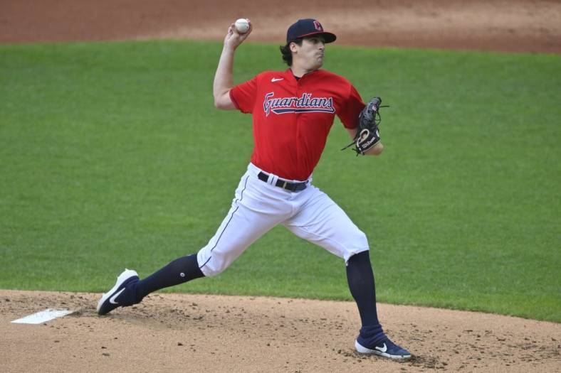 May 19, 2022; Cleveland, Ohio, USA; Cleveland Guardians starting pitcher Cal Quantrill (47) delivers a pitch in the second inning against the Cincinnati Reds at Progressive Field. Mandatory Credit: David Richard-USA TODAY Sports