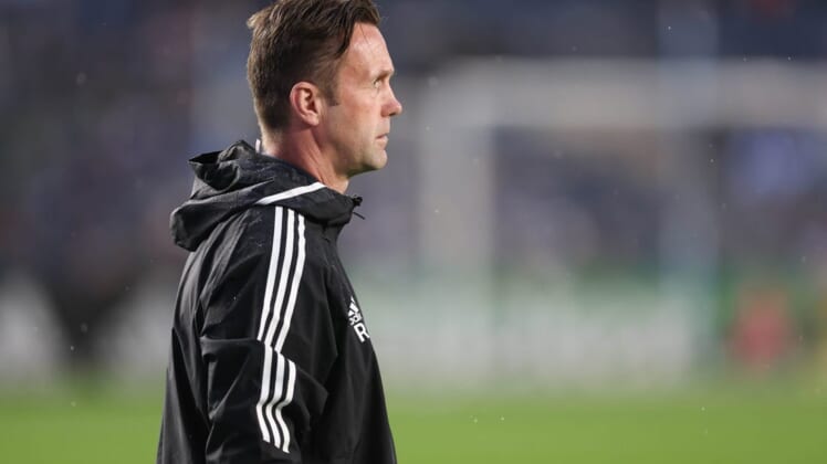 May 14, 2022; New York, New York, USA; New York City FC head coach Ronny Deila looks on against the Columbus Crew during the first half at Yankee Stadium. Mandatory Credit: Vincent Carchietta-USA TODAY Sports
