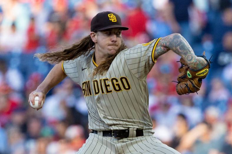 May 17, 2022; Philadelphia, Pennsylvania, USA; San Diego Padres starting pitcher Mike Clevinger (52) throws a pitch against the Philadelphia Phillies at Citizens Bank Park. Mandatory Credit: Bill Streicher-USA TODAY Sports