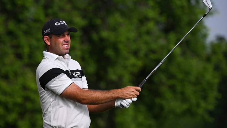 May 20, 2022; Tulsa, OK, USA; Charl Schwartzel plays his shot from the 11th tee during the second round of the PGA Championship golf tournament at Southern Hills Country Club. Mandatory Credit: Orlando Ramirez-USA TODAY Sports