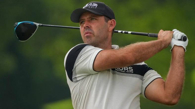 May 20, 2022; Tulsa, OK, USA; Charl Schwartzel plays his shot from the 13th tee during the second round of the PGA Championship golf tournament at Southern Hills Country Club. Mandatory Credit: Michael Madrid-USA TODAY Sports