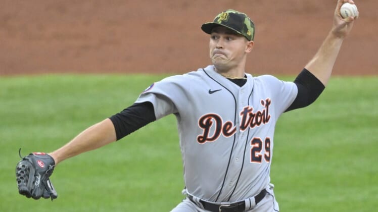 May 20, 2022; Cleveland, Ohio, USA; Detroit Tigers starting pitcher Tarik Skubal (29) delivers a pitch in the third inning against the Cleveland Guardians at Progressive Field. Mandatory Credit: David Richard-USA TODAY Sports