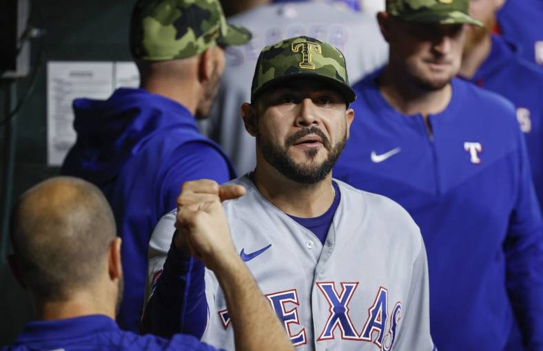 May 20, 2022; Houston, Texas, USA; Texas Rangers starting pitcher Martin Perez (54) in the dugout before the game against the Houston Astros at Minute Maid Park. Mandatory Credit: Troy Taormina-USA TODAY Sports