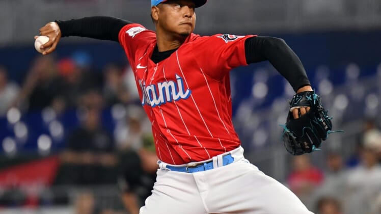May 21, 2022; Miami, Florida, USA; Miami Marlins starting pitcher Elieser Hernandez (57) delivers during the first inning against the Atlanta Braves at loanDepot Park. Mandatory Credit: Jim Rassol-USA TODAY Sports