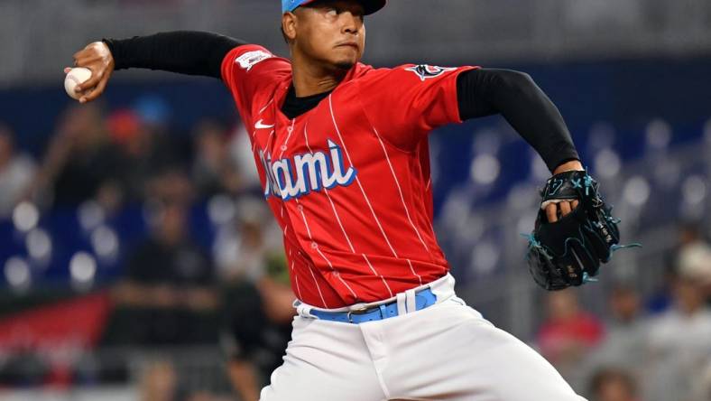 May 21, 2022; Miami, Florida, USA; Miami Marlins starting pitcher Elieser Hernandez (57) delivers during the first inning against the Atlanta Braves at loanDepot Park. Mandatory Credit: Jim Rassol-USA TODAY Sports