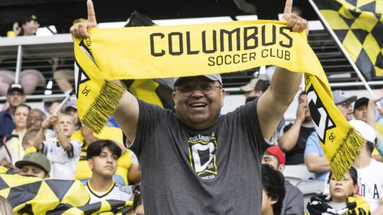 May 21, 2022; Columbus, Ohio, USA; A Columbus Crew fan celebrates supports his team prior to the match against Los Angeles FC at Lower.com. Field Mandatory Credit: Greg Bartram-USA TODAY Sports