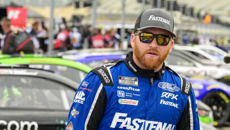 May 21, 2022; Fort Worth, Texas, USA; NASCAR Cup Series driver Chris Buescher (17) during practice for the NASCAR All-Star race at Texas Motor Speedway. Mandatory Credit: Jerome Miron-USA TODAY Sports