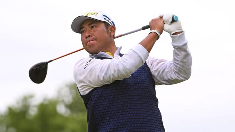 May 22, 2022; Tulsa, OK, USA; Hideki Matsuyama plays his shot from the 13th tee during the final round of the PGA Championship golf tournament at Southern Hills Country Club. Mandatory Credit: Orlando Ramirez-USA TODAY Sports