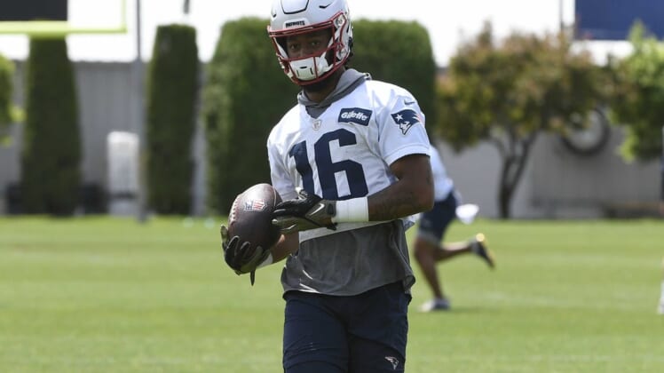 May 23, 2022; Foxborough, MA, USA; New England Patriots wide receiver Jakobi Meyers (16) catches the ball at the team's OTA at Gillette Stadium.  Mandatory Credit: Eric Canha-USA TODAY Sports