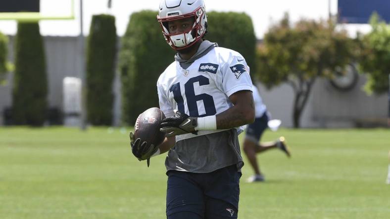 May 23, 2022; Foxborough, MA, USA; New England Patriots wide receiver Jakobi Meyers (16) catches the ball at the team's OTA at Gillette Stadium.  Mandatory Credit: Eric Canha-USA TODAY Sports