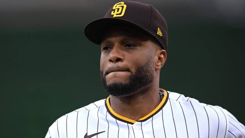 May 23, 2022; San Diego, California, USA; San Diego Padres second baseman Robinson Cano (24) looks on before the game against the Milwaukee Brewers at Petco Park. Mandatory Credit: Orlando Ramirez-USA TODAY Sports