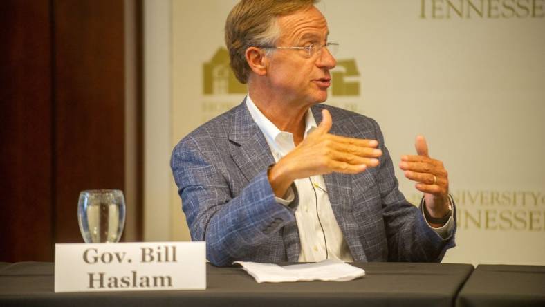 Gov. Bill Haslam speaks during   The College Pipeline in East Tennessee: Where We Are, Where We're Going, and Policy Options   event in Howard H. Baker Jr. Center in Knoxville, Tenn. on Monday, May 23, 2022.

The College Pipeline In East Tennessee 0156