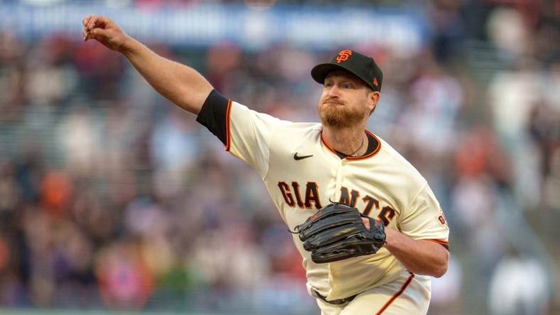 May 23, 2022; San Francisco, California, USA;  San Francisco Giants starting pitcher Alex Cobb (38) delivers a pitch during the first inning against the New York Mets at Oracle Park. Mandatory Credit: Neville E. Guard-USA TODAY Sports