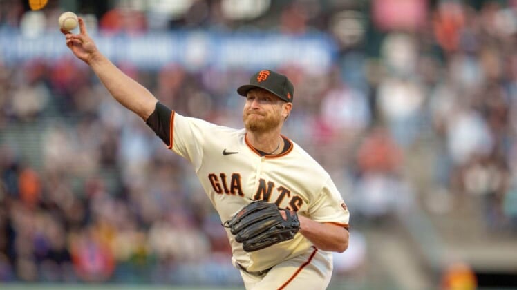 May 23, 2022; San Francisco, California, USA;  San Francisco Giants starting pitcher Alex Cobb (38) delivers a pitch during the first inning against the New York Mets at Oracle Park. Mandatory Credit: Neville E. Guard-USA TODAY Sports