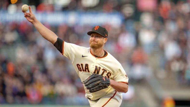 May 23, 2022; San Francisco, California, USA;  San Francisco Giants starting pitcher Alex Cobb (38) delivers a pitch during the first inning against the New York Mets at Oracle Park. Mandatory Credit: Neville E. Guard-USA TODAY Sports