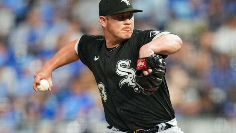 May 16, 2022; Kansas City, Missouri, USA; Chicago White Sox relief pitcher Matt Foster (63) pitches against the Kansas City Royals during the seventh inning at Kauffman Stadium. Mandatory Credit: Jay Biggerstaff-USA TODAY Sports