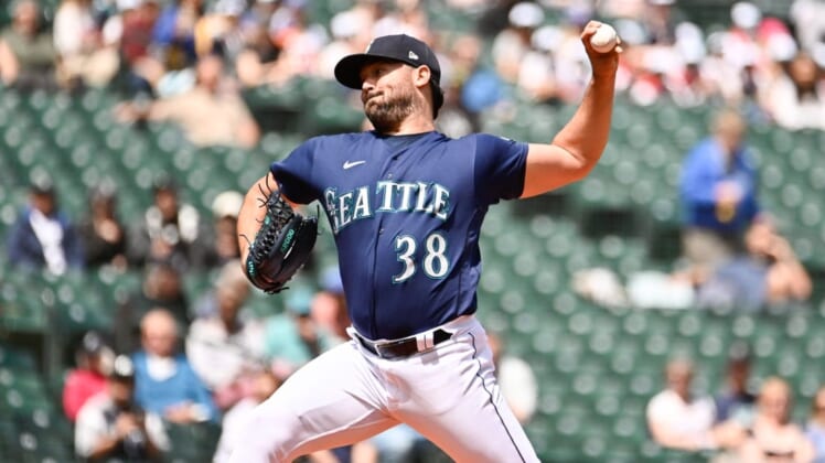 May 25, 2022; Seattle, Washington, USA; Seattle Mariners starting pitcher Robbie Ray (38) pitches to the Oakland Athletics during the first inning at T-Mobile Park. Mandatory Credit: Steven Bisig-USA TODAY Sports