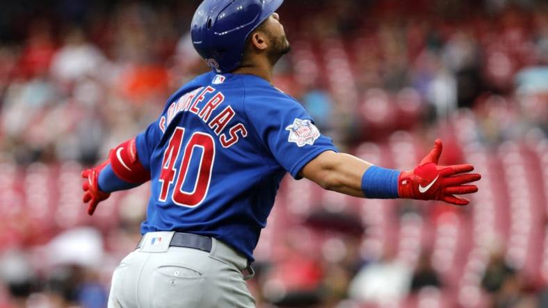 May 26, 2022; Cincinnati, Ohio, USA; Chicago Cubs catcher Willson Contreras (40) reacts while running the bases after hitting a solo home run against the Cincinnati Reds during the fifth inning at Great American Ball Park. Mandatory Credit: David Kohl-USA TODAY Sports