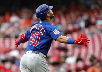 May 26, 2022; Cincinnati, Ohio, USA; Chicago Cubs catcher Willson Contreras (40) reacts while running the bases after hitting a solo home run against the Cincinnati Reds during the fifth inning at Great American Ball Park. Mandatory Credit: David Kohl-USA TODAY Sports