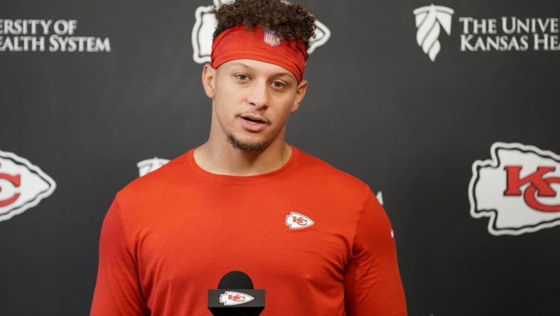 May 26, 2022; Kansas City, MO, USA; Kansas City Chiefs quarterback Patrick Mahomes (15) answers questions from media during organized team activities at The University of Kansas Health System Training Complex. Mandatory Credit: Denny Medley-USA TODAY Sports