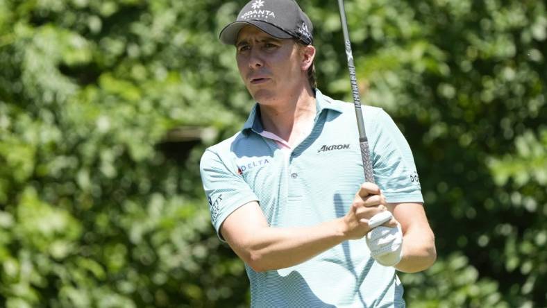 May 26, 2022; Fort Worth, Texas, USA; Carlos Ortiz plays his shot from the eighth tee during the first round of the Charles Schwab Challenge golf tournament. Mandatory Credit: Jim Cowsert-USA TODAY Sports