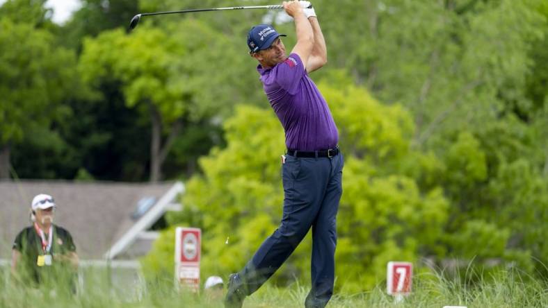 May 26, 2022; Benton Harbor, Michigan, USA; Padraig Harrington hits his tee shot on the eighth hole during the first round of the 2022 KitchenAid Senior PGA Championship at Harbor Shores. Mandatory Credit: Raj Mehta-USA TODAY Sports