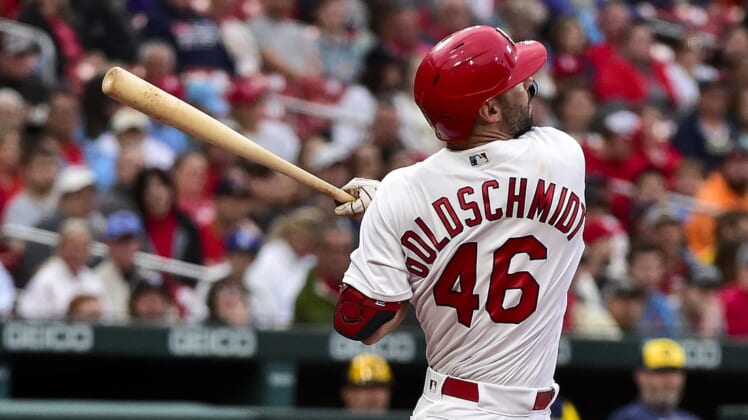 May 26, 2022; St. Louis, Missouri, USA;  St. Louis Cardinals first baseman Paul Goldschmidt (46) hits a single against the Milwaukee Brewers during the second inning at Busch Stadium. Mandatory Credit: Jeff Curry-USA TODAY Sports