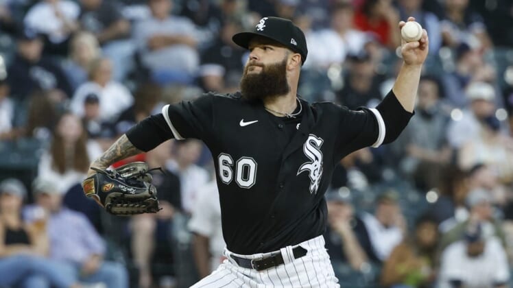 May 26, 2022; Chicago, Illinois, USA; Chicago White Sox starting pitcher Dallas Keuchel (60) delivers against the Boston Red Sox during the second inning at Guaranteed Rate Field. Mandatory Credit: Kamil Krzaczynski-USA TODAY Sports