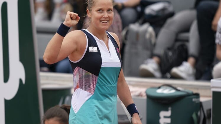 May 26, 2022; Paris, France; Shelby Rogers (USA) celebrates match point during her match against Danielle Collins (USA) on day five of the French Open at Stade Roland-Garros. Mandatory Credit: Susan Mullane-USA TODAY Sports