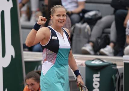 May 26, 2022; Paris, France; Shelby Rogers (USA) celebrates match point during her match against Danielle Collins (USA) on day five of the French Open at Stade Roland-Garros. Mandatory Credit: Susan Mullane-USA TODAY Sports