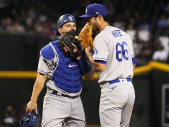 May 26, 2022; Phoenix, Arizona, USA; Los Angeles Dodgers catcher Will Smith (16) talks to starting pitcher Mitch White (66) against the Arizona Diamondbacks in the third inning at Chase Field.Mlb Los Angeles Dodgers At Arizona Diamondbacks