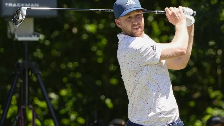 May 27, 2022; Fort Worth, Texas, USA; Daniel Berger plays his shot from the sixth tee during the second round of the Charles Schwab Challenge golf tournament. Mandatory Credit: Jim Cowsert-USA TODAY Sports