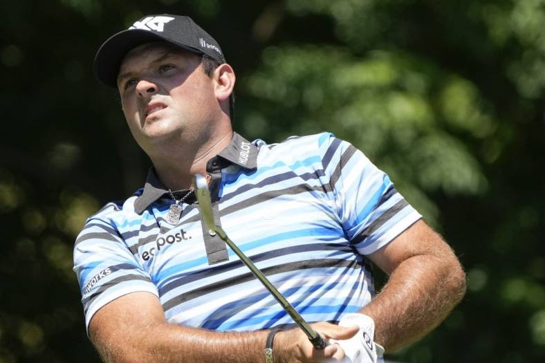 May 27, 2022; Fort Worth, Texas, USA; Patrick Reed plays his shot from the eighth tee during the second round of the Charles Schwab Challenge golf tournament. Mandatory Credit: Jim Cowsert-USA TODAY Sports
