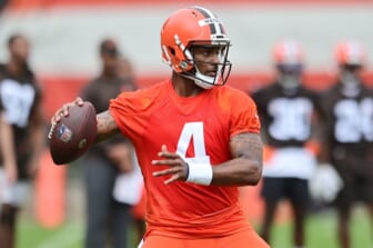 May 25, 2022; Berea, OH, USA; Cleveland Browns quarterback Deshaun Watson (4) throws a pass during organized team activities at CrossCountry Mortgage Campus. Mandatory Credit: Ken Blaze-USA TODAY Sports
