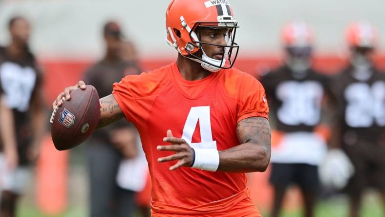 May 25, 2022; Berea, OH, USA; Cleveland Browns quarterback Deshaun Watson (4) throws a pass during organized team activities at CrossCountry Mortgage Campus. Mandatory Credit: Ken Blaze-USA TODAY Sports