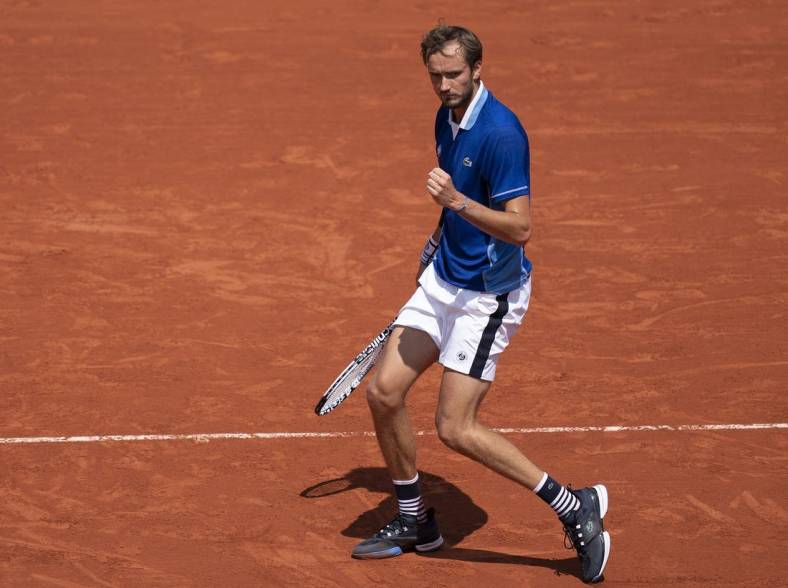 May 28, 2022; Paris, France; Daniil Medvedev reacts to a point  during his match against Miomir Kecmanovic (SRB) on day seven of the French Open at Stade Roland-Garros. Mandatory Credit: Susan Mullane-USA TODAY Sports